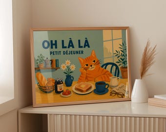 Download digital Oh La La Ginger Cat, arte de parede imprimível para o pequeno-almoço francês, arquivo para impressão de torrada de café