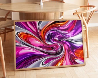 Digital Download Magenta Pink Liquid Metal, Horizontal Fluid Abstract Printable, Chrome Swirl Print File, Colorful Wall Decor