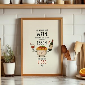 Lámina imprimible para la cocina con temática de vino, descarga de frases divertidas sobre cocina, arte digital para pared sobre pasta, póster de humor alemán.