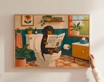 Funny Dachshund on Toilet Poster, Longhaired Wiener Dog Bathroom Wall Art, Dog Reading Newspaper Print, Whimsical Bathroom Decor