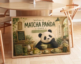 Digital Download Matcha Panda Typography, Cute Bear Green Tea Printable, Whimsical Cafe Decor Print File