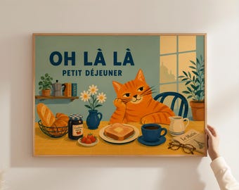 Danish Pastel Oh La La Ginger Cat Poster, French Petit Dejeuner Coffee Wall Art, Cute Orange Tabby Toast Print, Kitchen Decor