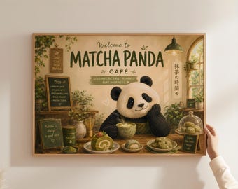 Danish Pastel Matcha Panda Typography Poster, Cute Bear Green Tea Wall Art, Whimsical Cafe Illustration Print, Sage Green Decor