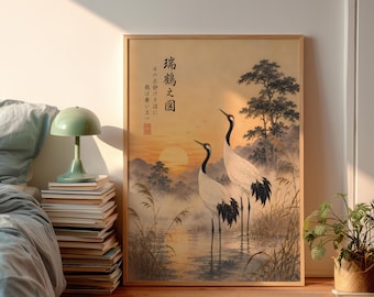 予約済み：アンティーク日本壁掛け装飾、掛け軸絵画、鶴の絵、鶴の