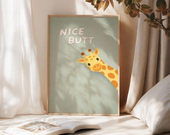 Pôster de Girafa para Download | Animal Engraçado | Impressão Minimalista com o Jogo de Palavras "Que Bunda Bonita" | Decoração de Parede Moderna e Divertida