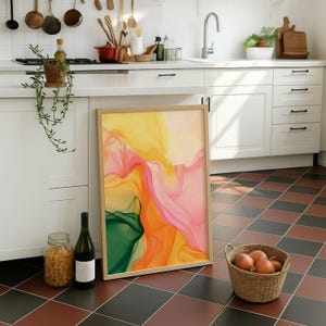 Abstract Fluid Alcohol Ink Poster, Vibrant Pink Orange Wall Art, Emerald Green Flowing Waves Print, Modern Colorful Decor