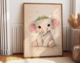 Pôster de Elefante Bebê para Decoração de Quarto Infantil | Ilustração Fofa de Animal com Flores | Decoração Moderna e Delicada para Quarto de Menina