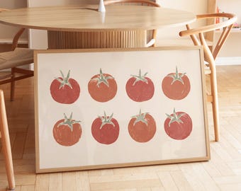 Digital Download Retro Tomato Print, Vintage Kitchen Printable Wall Art, Linocut Vegetable Pattern File, Food Poster