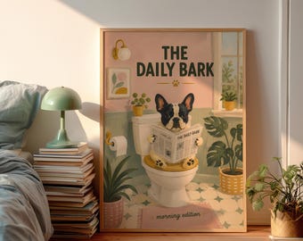 Funny French Bulldog on Toilet Poster, The Daily Bark Newspaper Wall Art, Cute Frenchie Bathroom Print, Danish Pastel Decor
