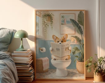 Funny Corgi Dog on Toilet Poster, Cute Bathroom Wall Art, Daily Bark Newspaper Print, Light Blue Coastal Decor