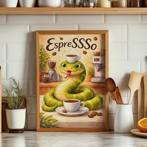 Peut inclure: Impression encadrée avec un serpent de dessin animé et une tasse de café sur la tête et une autre devant lui. Le mot "Espresssso" est écrit en haut, avec des grains de café éparpillés.