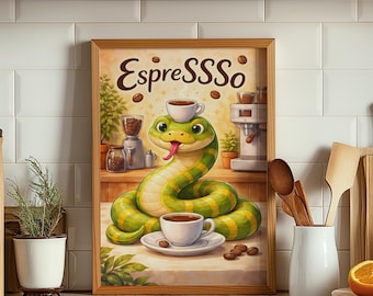 Lustige Schlange Kaffee Poster | Espresso Wortwitz Wandbild | Geschenk Kaffeeliebhaber | Funny Snake Wall Art | Coffee Bar Decor | Retro Art