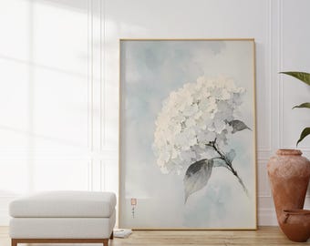 Digital Download White Hydrangea Art, Watercolor Floral Printable, Soft Blue Grey Flower Painting Print File