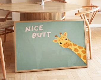 Pôster de Girafa para Download | Animal Engraçado | Impressão Minimalista com o Jogo de Palavras "Que Bunda Bonita" | Decoração de Parede Moderna e Divertida