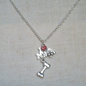 Love My Dog Necklace, Red Heart and Dog Bone, Hounds, Dog Lovers, Purebreds, Canine, K-9, Mans Best Friend, Service Dogs, Silver Dog Bone