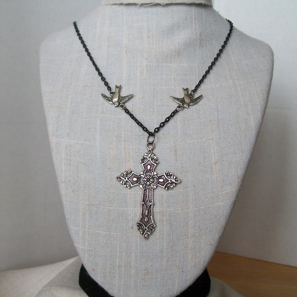 Cross Swallows on Black Chain Necklace, Silver Medieval Cross, Silver Swallows Surround Cross, Delicate Silver Filigree Cross Necklace