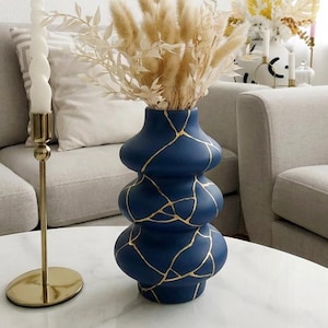 Gold Cracked Kintsugi Style Navy Blue Sculptural Ceramic Vase