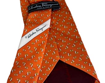 Salvatore Ferragamo Orange Silk Tie 9 cm - Micro-Print Duck & Lifebuoy BRAND NEW