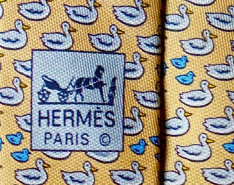 HERMÈS Paris Men's Silk Necktie 7932MA Whimsical Ducks Pattern | Yellow/light blue animal microprint Made in France Perfect condition 1990s