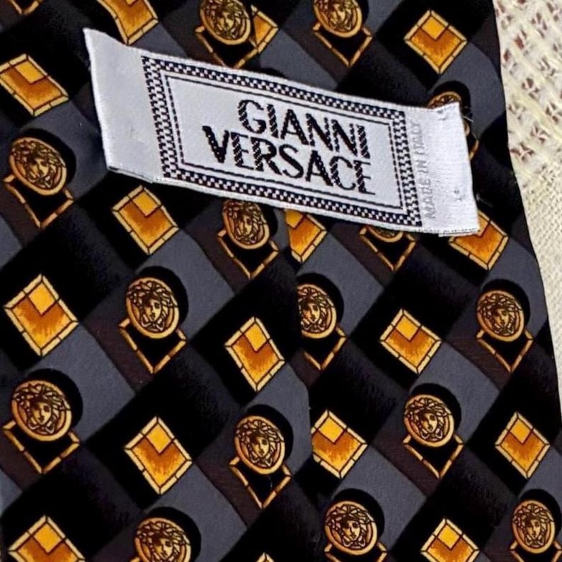 1990s Baroque Gianni Versace Luxury Silk Tie - Black Gold Medusa Pattern - RARE Vintage from Private Collection | near mint image 1