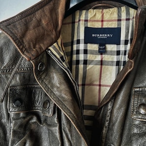 BURBERRY LONDON Leather Vintage Biker Jacket Brown 1990s Fits M image 13