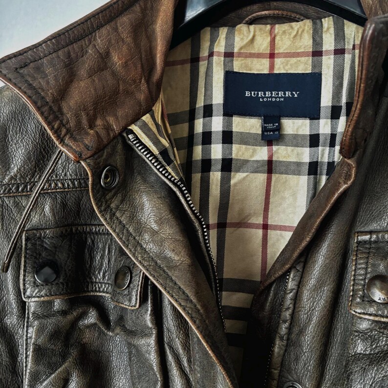 BURBERRY LONDON Leather Vintage Biker Jacket Brown 1990s Fits M image 13