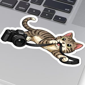 May include: A sticker featuring a cartoon cat with gray and brown stripes, playfully holding a camera strap in its mouth. The black camera is positioned next to the cat, creating a whimsical design. The sticker is placed on a laptop.