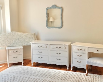 Vintage French Provincial Bedroom Set – Custom Upholstered Bed + Vanity + Dresser + Nightstand