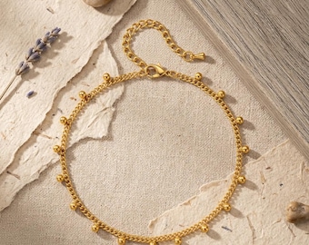 Stainless Steel Beaded Ball Cuban Link Anklet – Waterproof Boho Beach Foot Jewelry