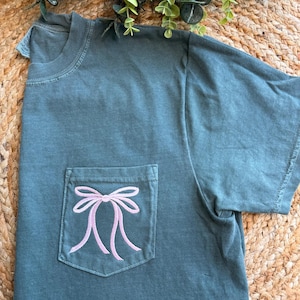 Cute Fall Ribbon Bow Comfort Colors Pocket Tee | Coquette