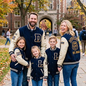Op de afbeelding: Een set bijpassende marineblauwe en crèmekleurige varsity-jacks met geborduurde letters en patches. De jacks tonen namen zoals Dad, Mom, Lily en Leo, samen met de tekst Davis Family en Est. 2012, gedragen met blauwe spijkerbroeken.