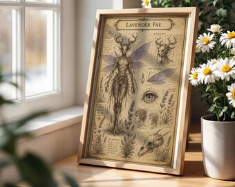 Lavender Fae Poster | Botanical Fairy Field Study No. 09 | Fantasy Bestiary Print | Dark Cottagecore Wall Art