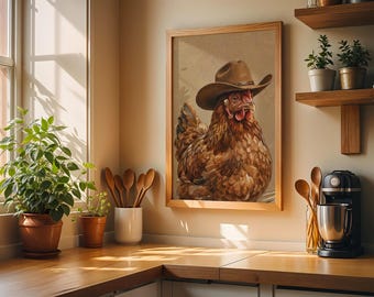 Cowboy Chicken Rolled Poster | Farmhouse Animal Art, Rustic Barnyard Print
