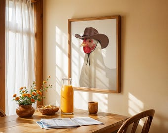 Chicken Wearing Cowboy Hat Rolled Posters | Farm Animal Art Print
