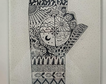 Manitoba Map Art Ink Painting Symbolic Abstract Canadian Province Original Wall Art