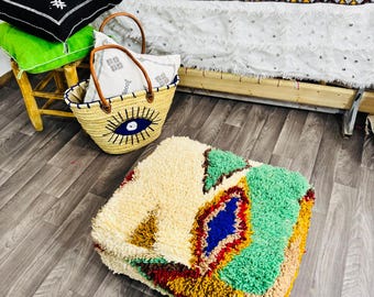 Handmade Moroccan Wool Pouf, Berber Ottoman, Bohemian Decor