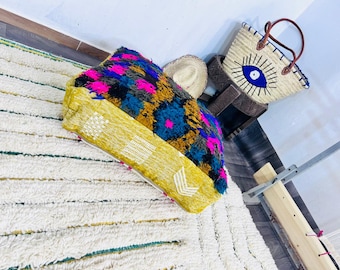 Moroccan Wool Pouf: Berber Floor Cushion, Boho Ottoman - poufF
