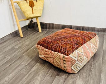 Moroccan Wool Pouf: Berber Floor Cushion, Boho Ottoman - poufF