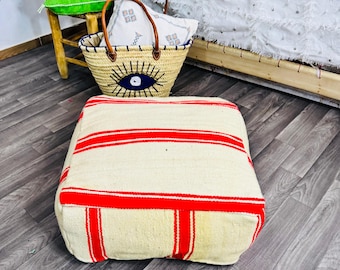 Handmade Moroccan Wool Pouf, Berber Ottoman, Bohemian Decor