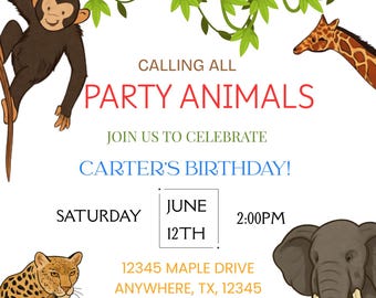 Invitación "Llamando a todos los animales de fiesta", invitación de cumpleaños para niños con animales de fiesta, animales lindos, animales de la selva, editable en Canva