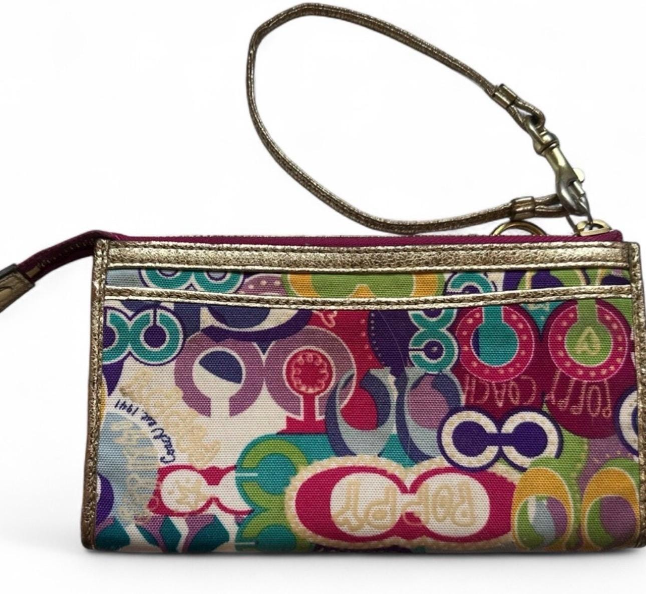 Y2K Coach Poppy Multicolor Signature Wristlet Pouch Bag Gold Trim 