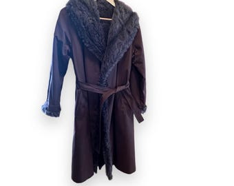 Vintage Forecaster of Boston Plum Faux Fur Trim Trench Coat Belted Size 5/6