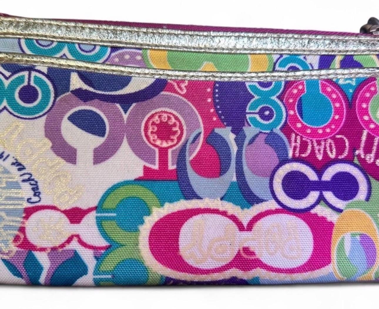 Y2K Coach Poppy Multicolor Signature Wristlet Pouch Bag Gold Trim 
