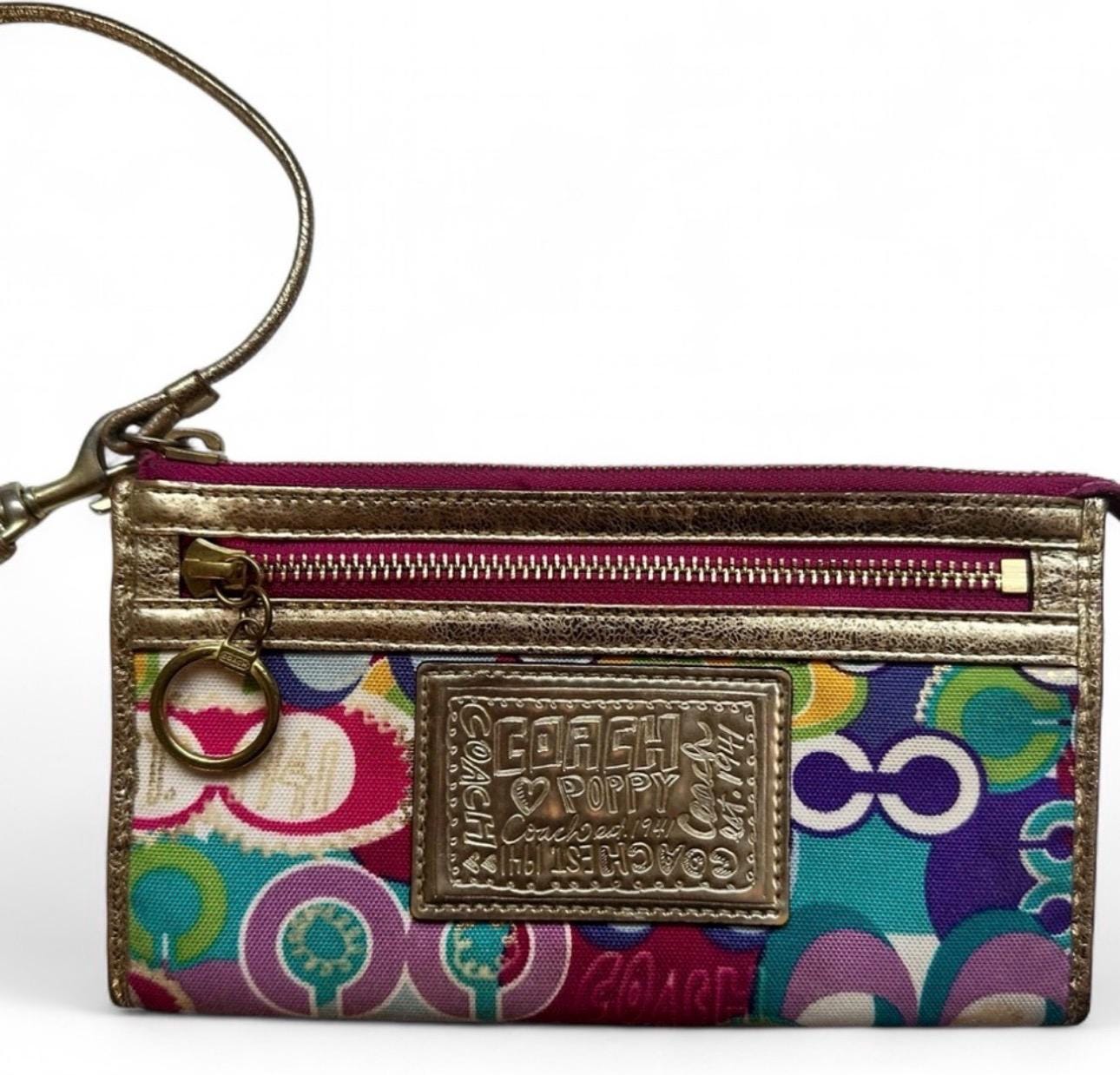 Y2K Coach Poppy Multicolor Signature Wristlet Pouch Bag Gold Trim