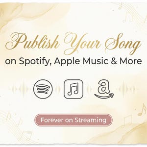 Puede incluir: Gráfico color crema con el texto "Publica tu canción en Spotify, Apple Music & More". Incluye logotipos de Spotify, Apple Music y Amazon Music. La frase "Forever on Streaming" está en un óvalo rosa.