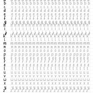 May include: A handwriting practice sheet with small lowercase letters on squared paper. The letters a through z are displayed, each repeated multiple times to demonstrate consistent form and style.