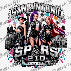 May include: A graphic illustration featuring three anime-style figures in black and white sports attire with the text SAN ANTONIO at the top and SPURS 210 VIVA SAN ANTONIO at the bottom. The background shows a city skyline and the Alamo building.
