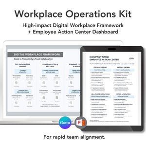 Könnte beinhalten: Ein digitales Arbeitsplatz-Operations-Kit, das auf einem Laptop und Tablet angezeigt wird. Der Laptop zeigt einen digitalen Arbeitsplatzrahmen, und das Tablet zeigt ein Mitarbeiter-Aktionszentrum. Text: "Workplace Operations Kit" und "For rapid team alignment."