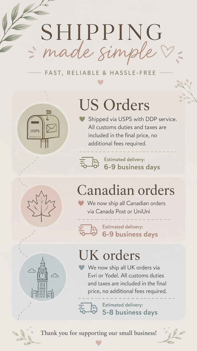 May include: An informational graphic titled SHIPPING made simple, detailing delivery for US, Canadian, and UK orders. It features icons of a mailbox, a maple leaf, and Big Ben, with text outlining carriers like USPS, Canada Post, and Evri, plus delivery times.