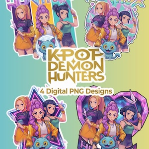 May include: Four digital PNG designs featuring anime-style illustrations of three women and a blue cat. The designs include the text "K-POP DEMON HUNTERS" and "HUNTRAX" in a stylized font, with a neon color scheme.